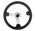 Picture of NRG Reinforced Steering Wheel (350mm / 3in. Deep) Blk Leather w/Silver Spoke & Circle Cutouts