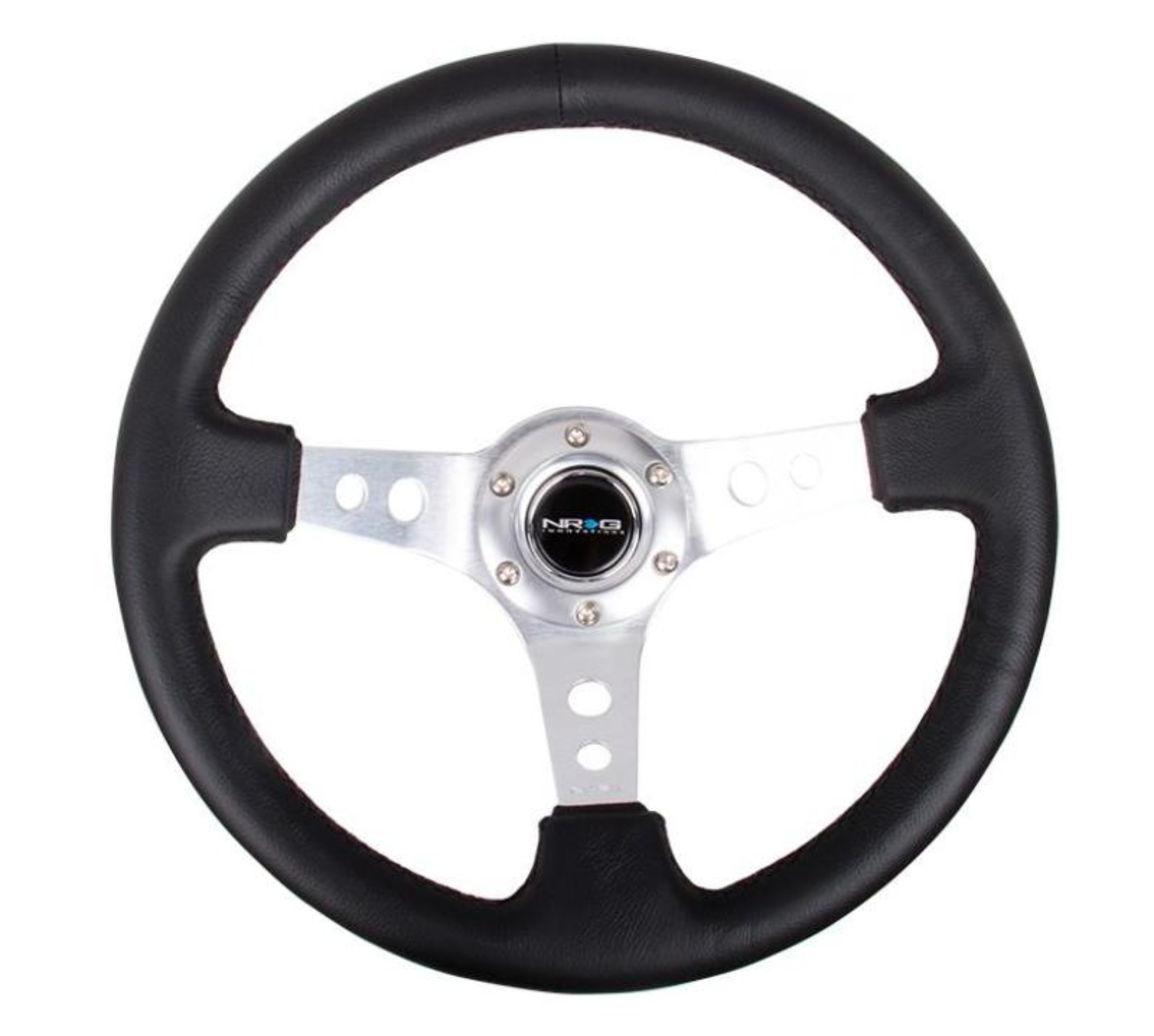 Picture of NRG Reinforced Steering Wheel (350mm / 3in. Deep) Blk Leather w/Silver Spoke & Circle Cutouts