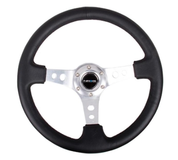 Picture of NRG Reinforced Steering Wheel (350mm / 3in. Deep) Blk Leather w/Silver Spoke & Circle Cutouts