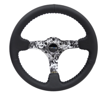 Picture of NRG Reinforced Steering Wheel (350mm / 3in. Deep) Blk Leather w/Hydrodipped Digi-Camo Spokes