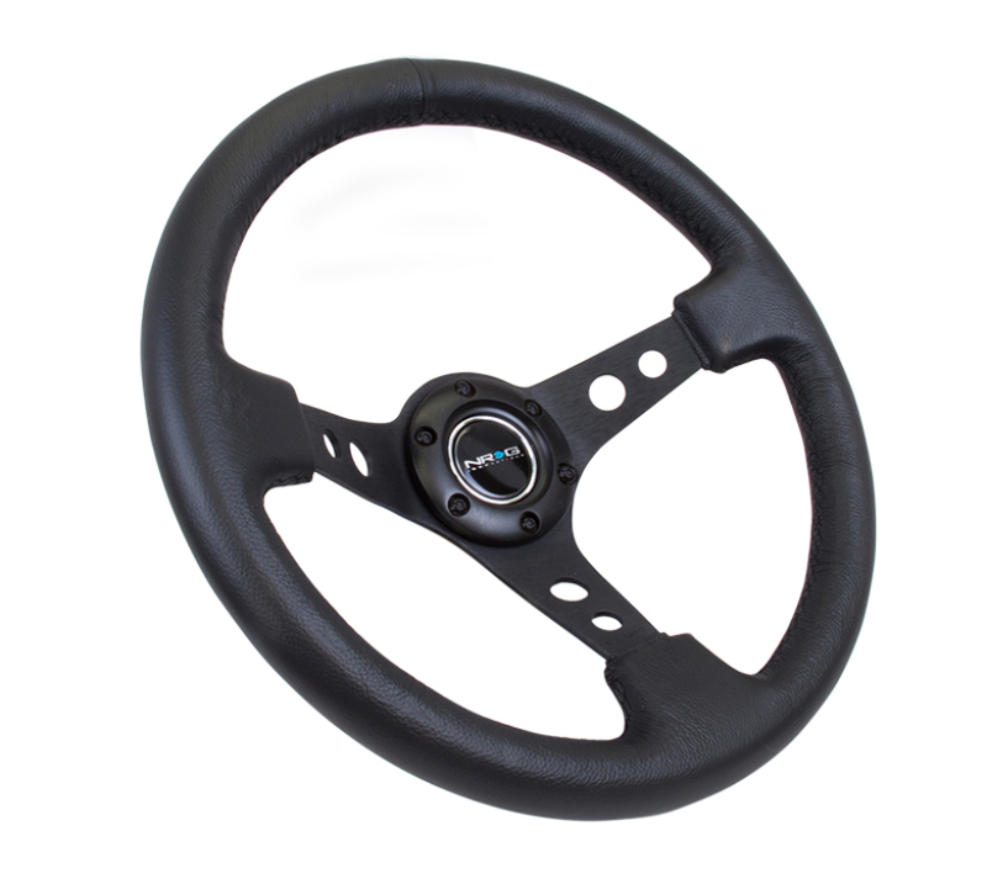 Picture of NRG Reinforced Steering Wheel (350mm / 3in. Deep) Blk Leather w/Blk Spoke & Circle Cutouts