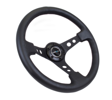 Picture of NRG Reinforced Steering Wheel (350mm / 3in. Deep) Blk Leather w/Blk Spoke & Circle Cutouts
