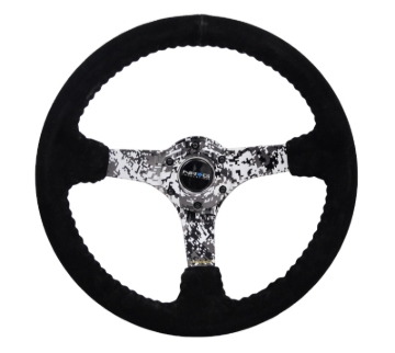 Picture of NRG Reinforced Steering Wheel (350mm / 3in. Deep) Blk Suede w/Hydrodipped Digi-Camo Spokes