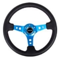 Picture of NRG Reinforced Steering Wheel (350mm / 3in. Deep) Blk Leather w/Blue Circle Cutout Spokes