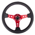 Picture of NRG Reinforced Steering Wheel (350mm / 3in. Deep) Blk Leather w/Red Circle Cutout Spokes