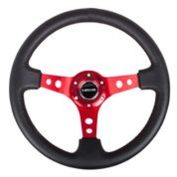 Picture of NRG Reinforced Steering Wheel (350mm / 3in. Deep) Blk Leather w/Red Circle Cutout Spokes