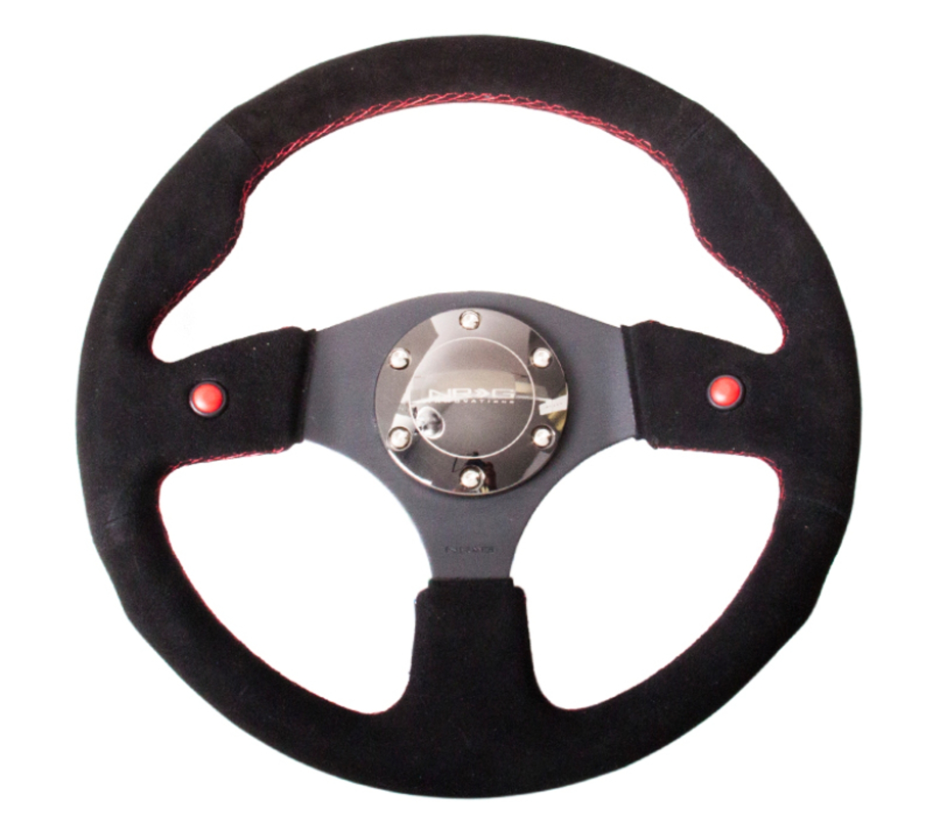 Picture of NRG Reinforced Steering Wheel (320mm) Blk Suede w/Dual Buttons