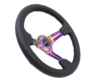 Picture of NRG Reinforced Steering Wheel (350mm / 3in. Deep) Blk Leather/Blk Stitch w/Neochrome Slits