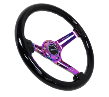 Picture of NRG Reinforced Steering Wheel (350mm / 3in. Deep) Blk Wood w/Blk Matte Spoke/Neochrome Center Mark