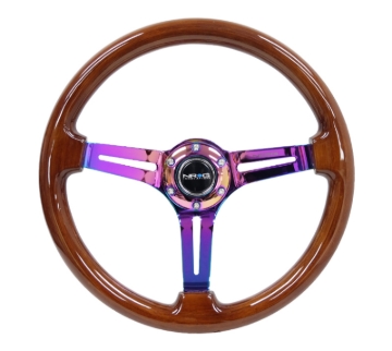 Picture of NRG Reinforced Steering Wheel (350mm / 3in. Deep) Brown Wood w/Blk Matte Spoke/Neochrome Center Mark