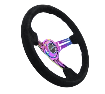 Picture of NRG Reinforced Steering Wheel (350mm / 3in. Deep) Blk Suede/Blk Stitch w/Neochrome Slits
