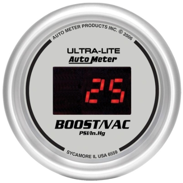 Picture of Autometer Ultra-Lite 2-1/16in 30INHG-30PSI Digital Silver Dial Vacuum/Boost Gauge w/ Red Led