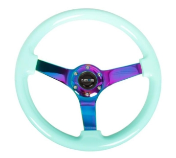 Picture of NRG Reinforced Steering Wheel (350mm / 3in. Deep) Minty Fresh Wood Grain w/Neochrome 3-Spoke Center