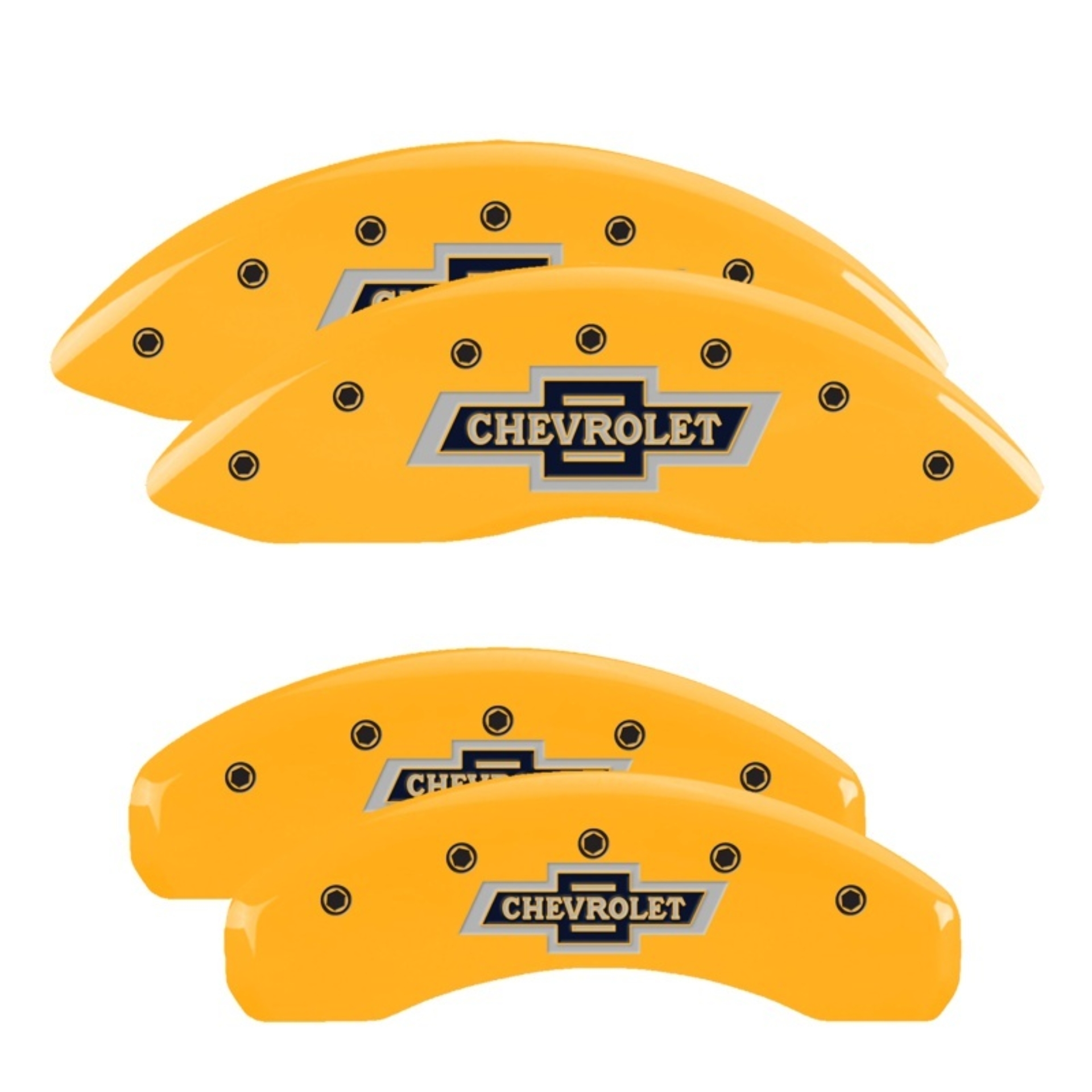 Picture of MGP 4 Caliper Covers Engraved Front & Rear Chevrolet 100 Anniversary Logo Yellow Finish Black Charac