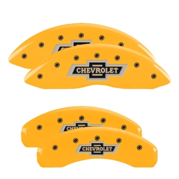 Picture of MGP 4 Caliper Covers Engraved Front & Rear Chevrolet 100 Anniversary Logo Yellow Finish Black Charac