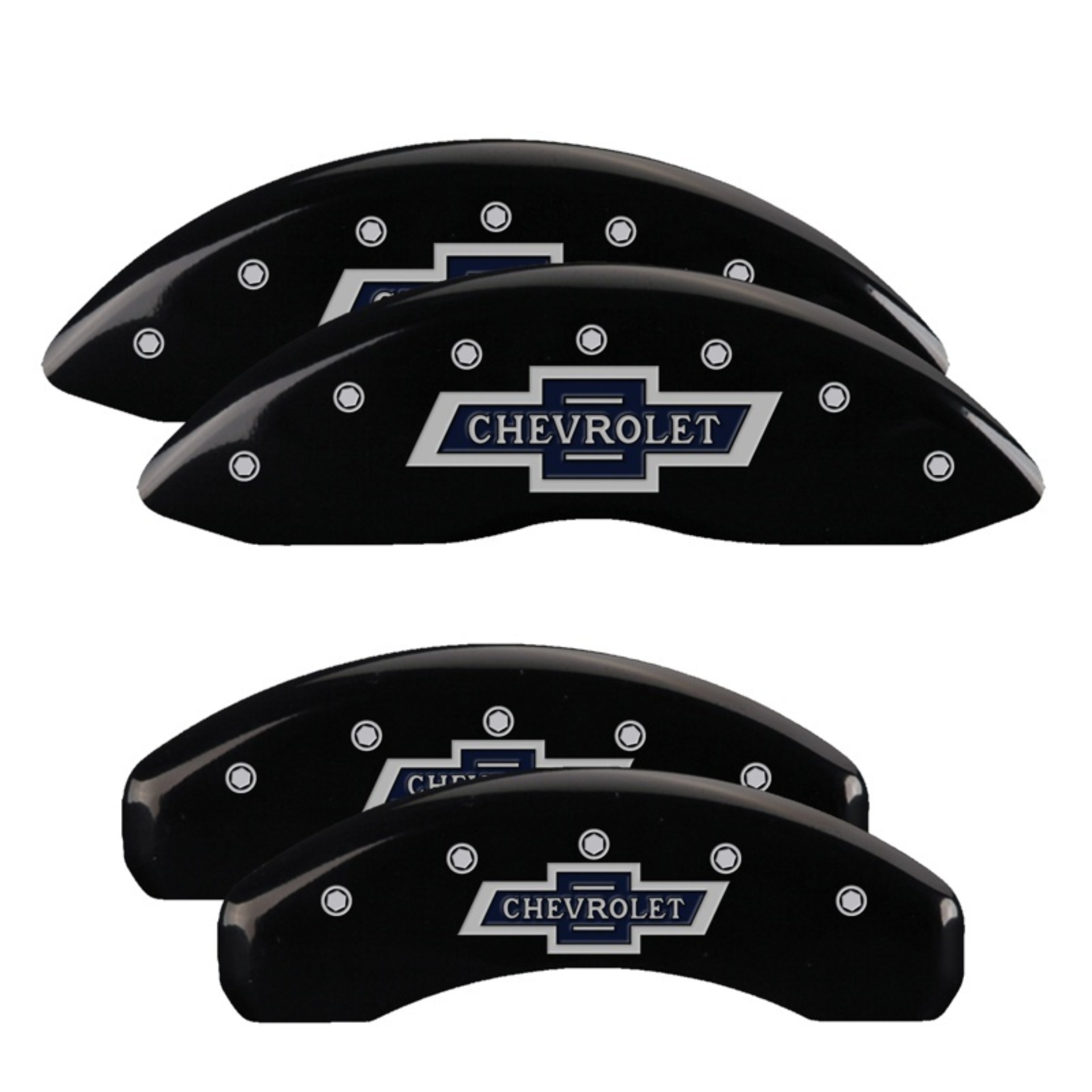 Picture of MGP 4 Caliper Covers Engraved Front & Rear Chevrolet 100 Anniversary Logo Black Finish Silver Charac