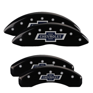 Picture of MGP 4 Caliper Covers Engraved Front & Rear Chevrolet 100 Anniversary Logo Black Finish Silver Charac