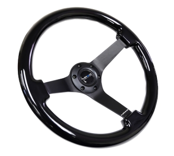 Picture of NRG Reinforced Steering Wheel (350mm / 3in. Deep) Black w/Black Chrome Solid 3-Spoke Center