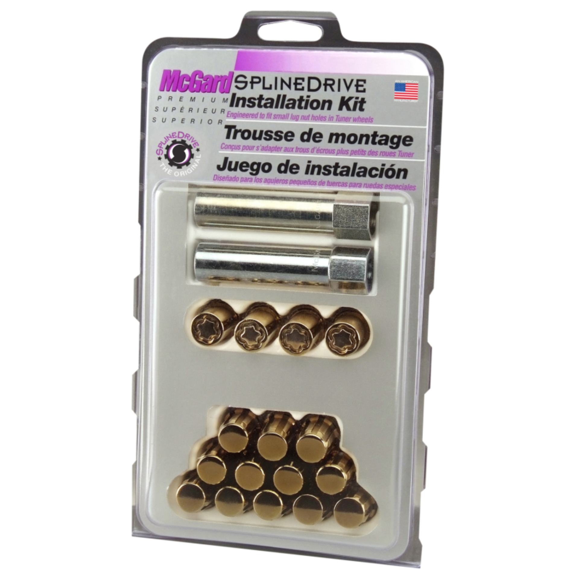 Picture of McGard SplineDrive Tuner 4 Lug Install Kit w/Locks & Tool (Cone) M12x1.5 / 13/16 Hex - Gold (CS)