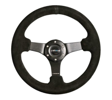Picture of NRG Reinforced Steering Wheel (330mm / 3in Deep) Blk Suede w/Criss Cross Stitch w/Blk 3-Spoke Center