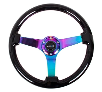 Picture of NRG Reinforced Steering Wheel (350mm / 3in Deep) Classic Blk Wood Grain w/Neochrome 3-Spoke Center