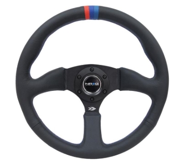 Picture of NRG Reinforced Steering Wheel (350mm / 2.5in Deep) Blk Leather w/M3 stitch Matte Blk 3-Spoke Center