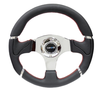 Picture of NRG Reinforced Steering Wheel (320mm) Blk Leather/Red Stitching w/Chrome 3-Spoke Center