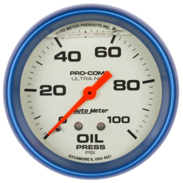 Picture of Autometer Ultra-Nite 2-5/8in 0-100 PSI Liquid Filled Mechanical Glow In Dark Oil Pressure Gauge