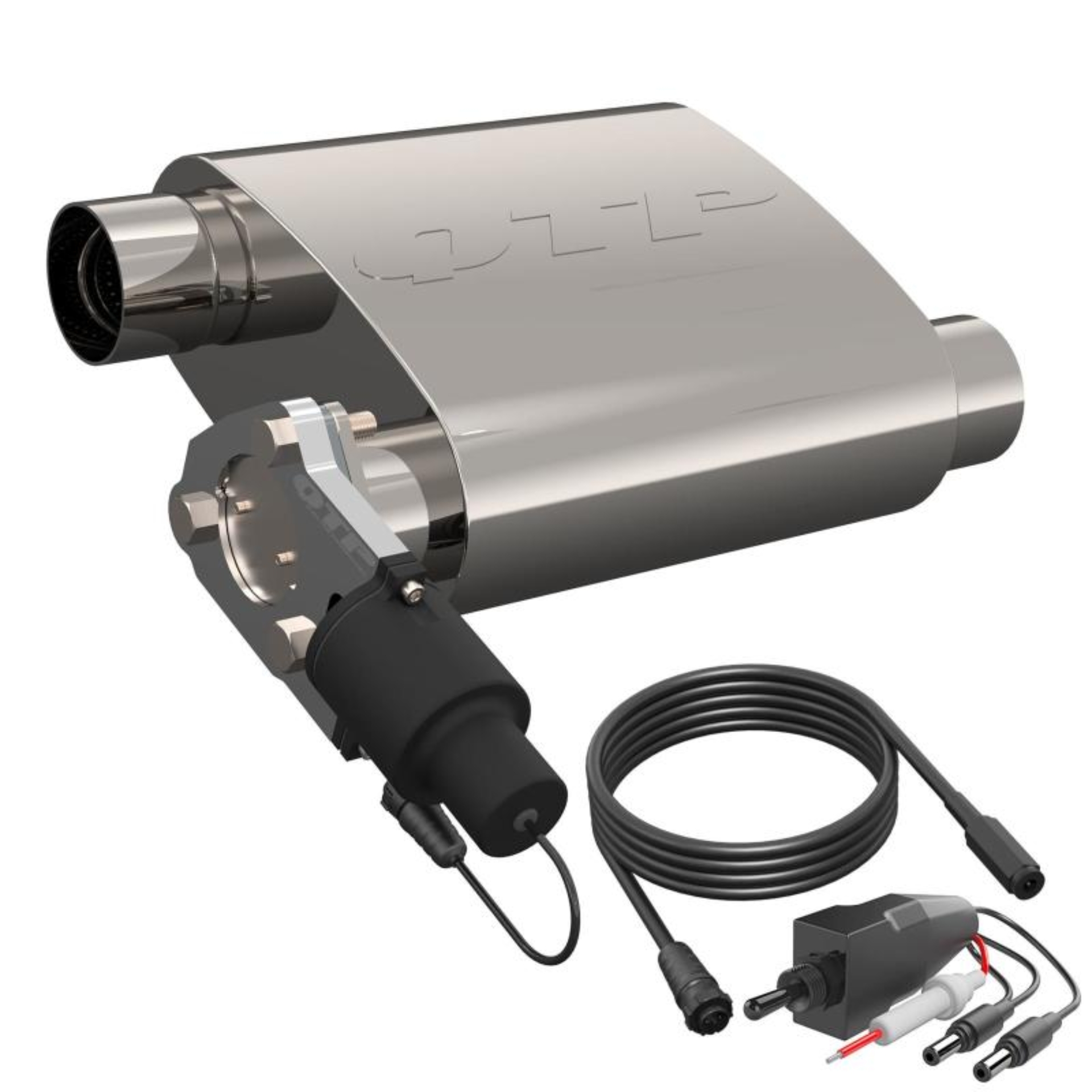 Picture of QTP 2.5in Weld-On 304SS Reverse Screamer Muffler Short Case w/Bolt-On QTEC Electric Cutout