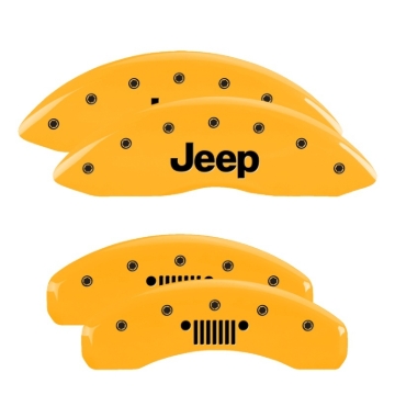 Picture of MGP 4 Caliper Covers Engraved F&R 11-18 Jeep Grand Cherokee Yellow Finish Black Jeep/Grill Logo