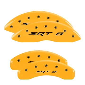 Picture of MGP 4 Caliper Covers Engraved Front & Rear 11-18 Jeep Grand Cherokee Yellow Finish Black SRT-8 Logo