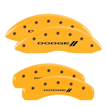 Picture of MGP 4 Caliper Covers Engraved Front & Rear 11-18 Dodge Durango Yellow Finish Black Dodge II Logo