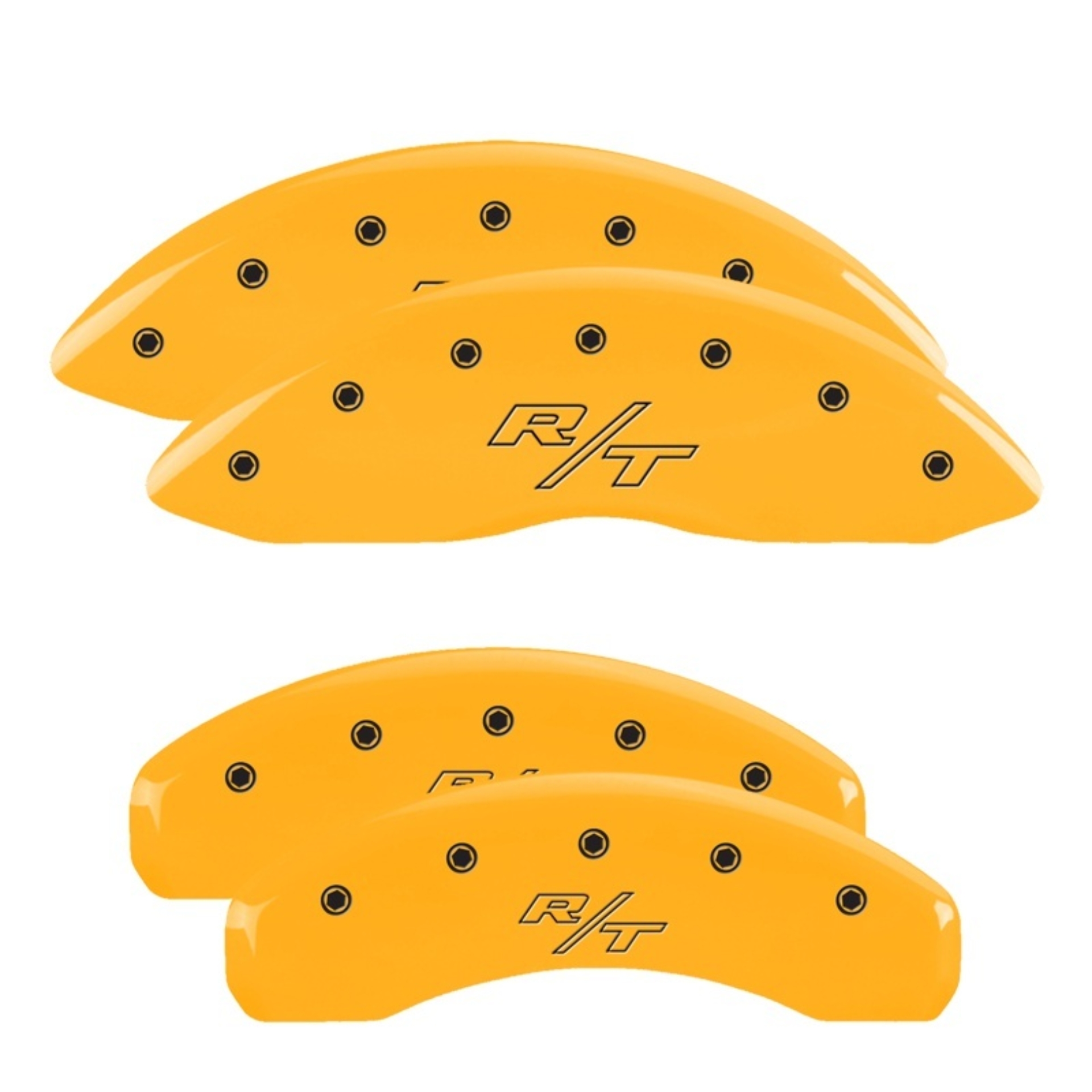 Picture of MGP 4 Caliper Covers Engraved Front & Rear 11-18 Dodge Durango Yellow Finish Black R/T Vintage Logo