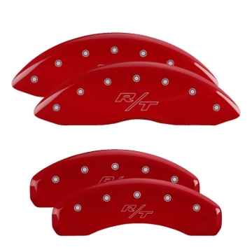 Picture of MGP 4 Caliper Covers Engraved Front & Rear 11-18 Dodge Durango Red Finish Silver R/T Vintage Logo