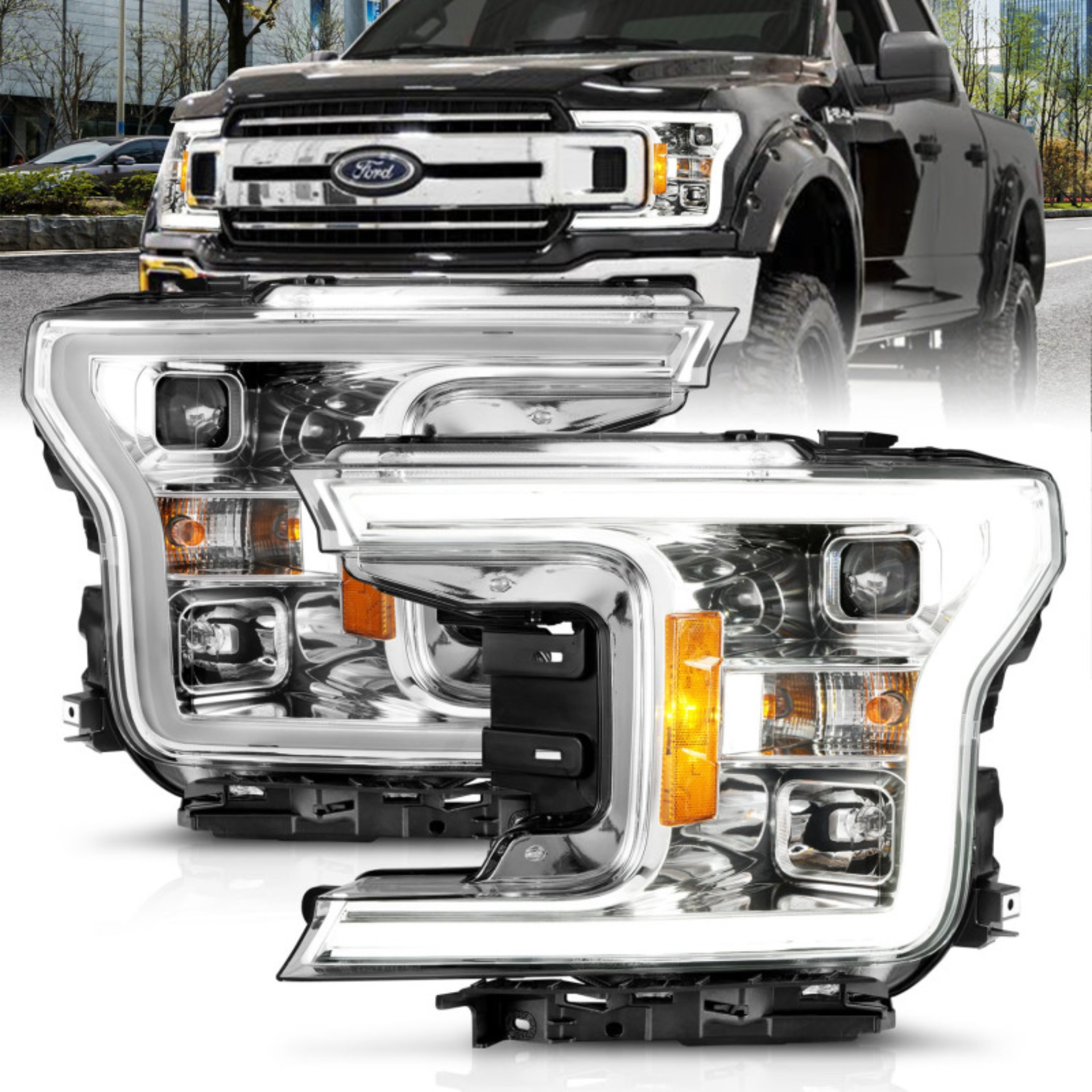Picture of ANZO 18-19 Ford F-150 Projector Headlights w/Plank Style Switchback Chrome w/Amber