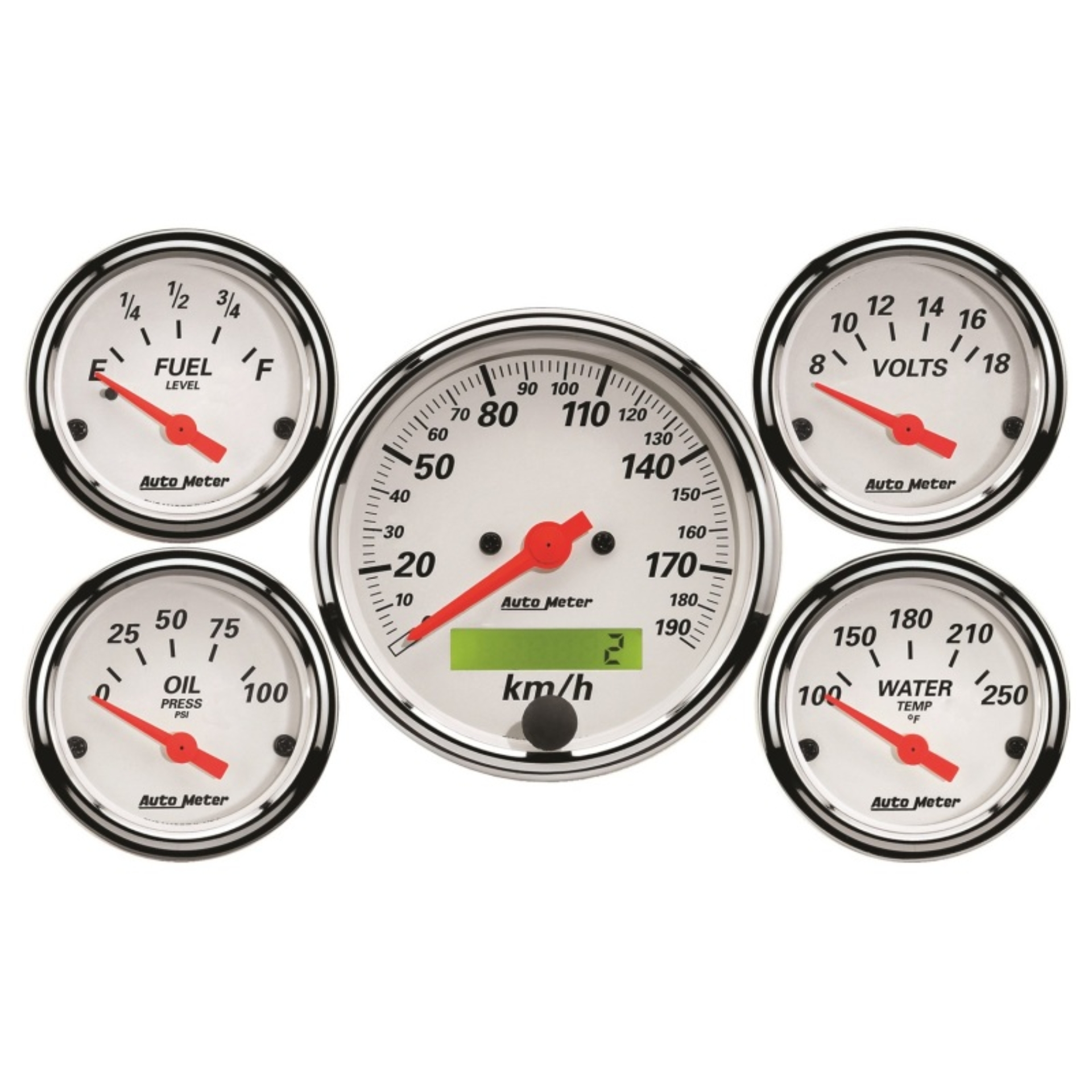 Picture of Autometer Arctic White 5 Pc Kit Box w/ Elec KMH Speedo, Elec Oil Press, Water Temp, Volt, Fuel Level