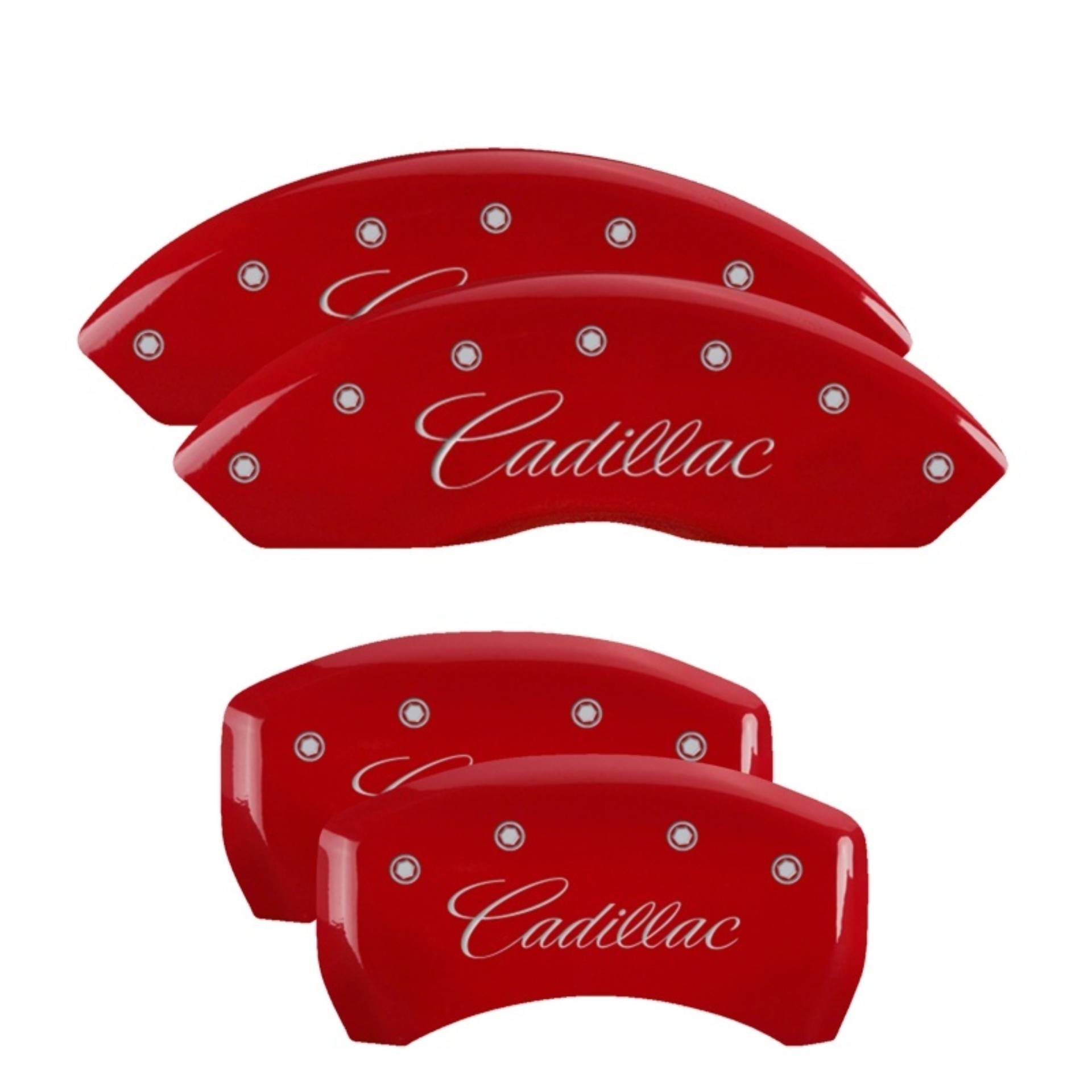 Picture of MGP 4 Caliper Covers Engraved Front & Rear Cursive/Cadillac Red Finish Silver Characters
