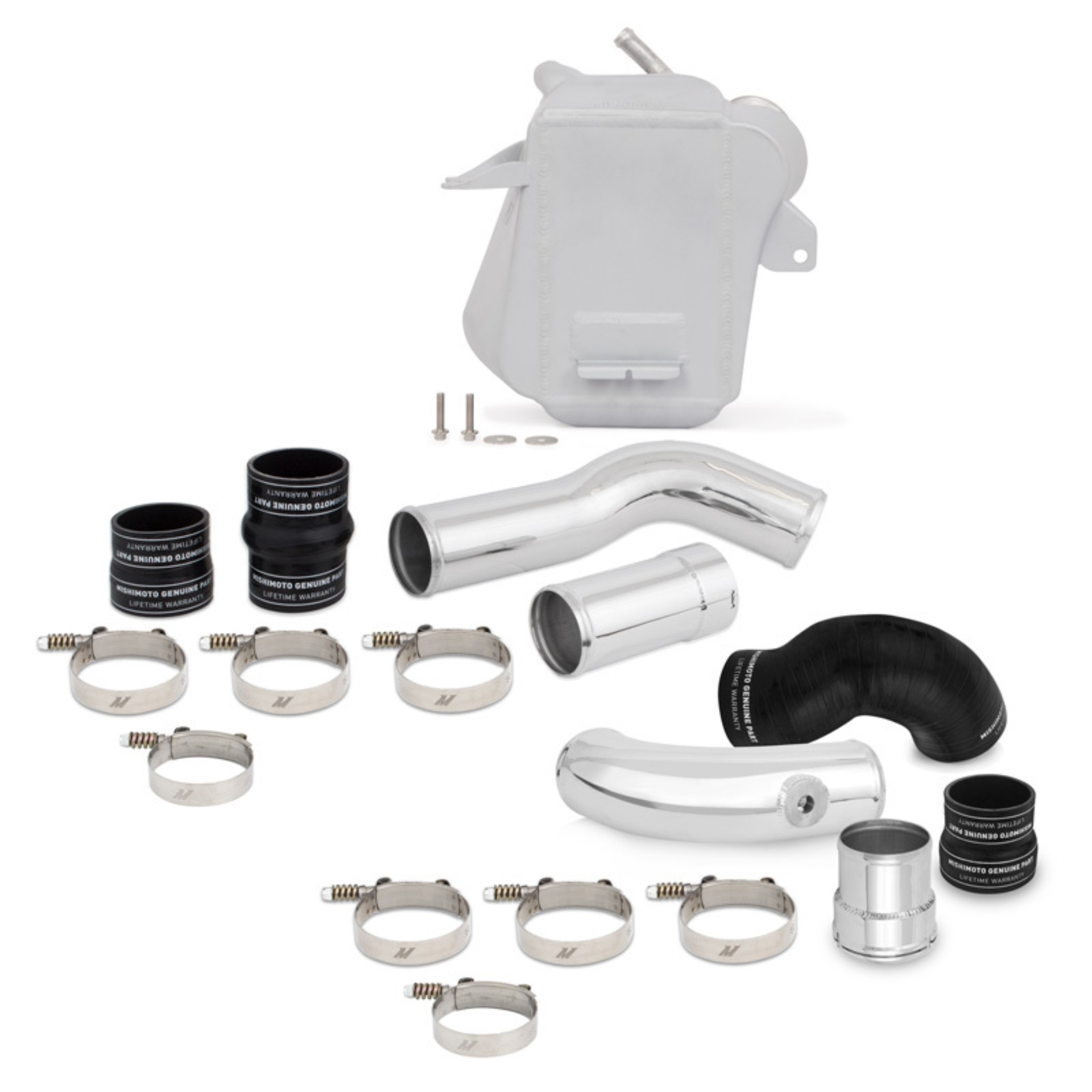 Picture of Mishimoto 11-16 Ford 6.7L Powerstroke Air-To-Water Intercooler Kit - Wrinkle Silver w/Polished Pipes