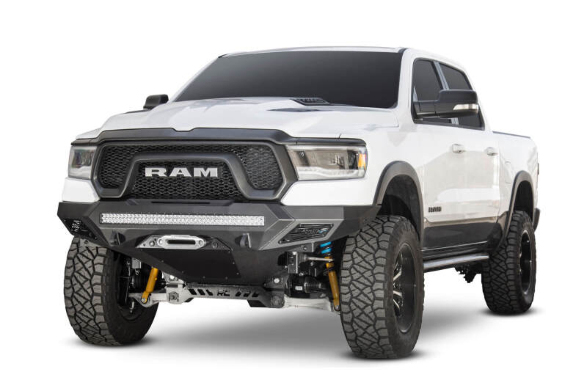 Picture of Addictive Desert Designs 2019 Ram Rebel 1500 Stealth Fighter Fr Bumper w/Winch&Parking Sensor Mounts