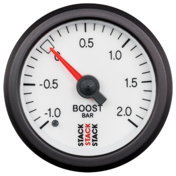 Picture of Autometer Stack 52mm -1 to +2 Bar T-Fitting 0.187in Barb (M) Mechanical Boost Pressure Gauge - White