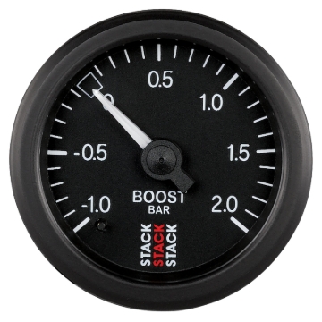 Picture of Autometer Stack 52mm -1 to +2 Bar T-Fitting 0.187in Barb (M) Mechanical Boost Pressure Gauge - Black