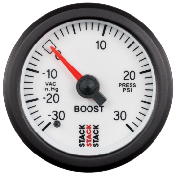 Picture of Autometer Stack 52mm -30INHG to +30 PSI (Incl T-Fitting) Mechanical Boost Pressure Gauge - White