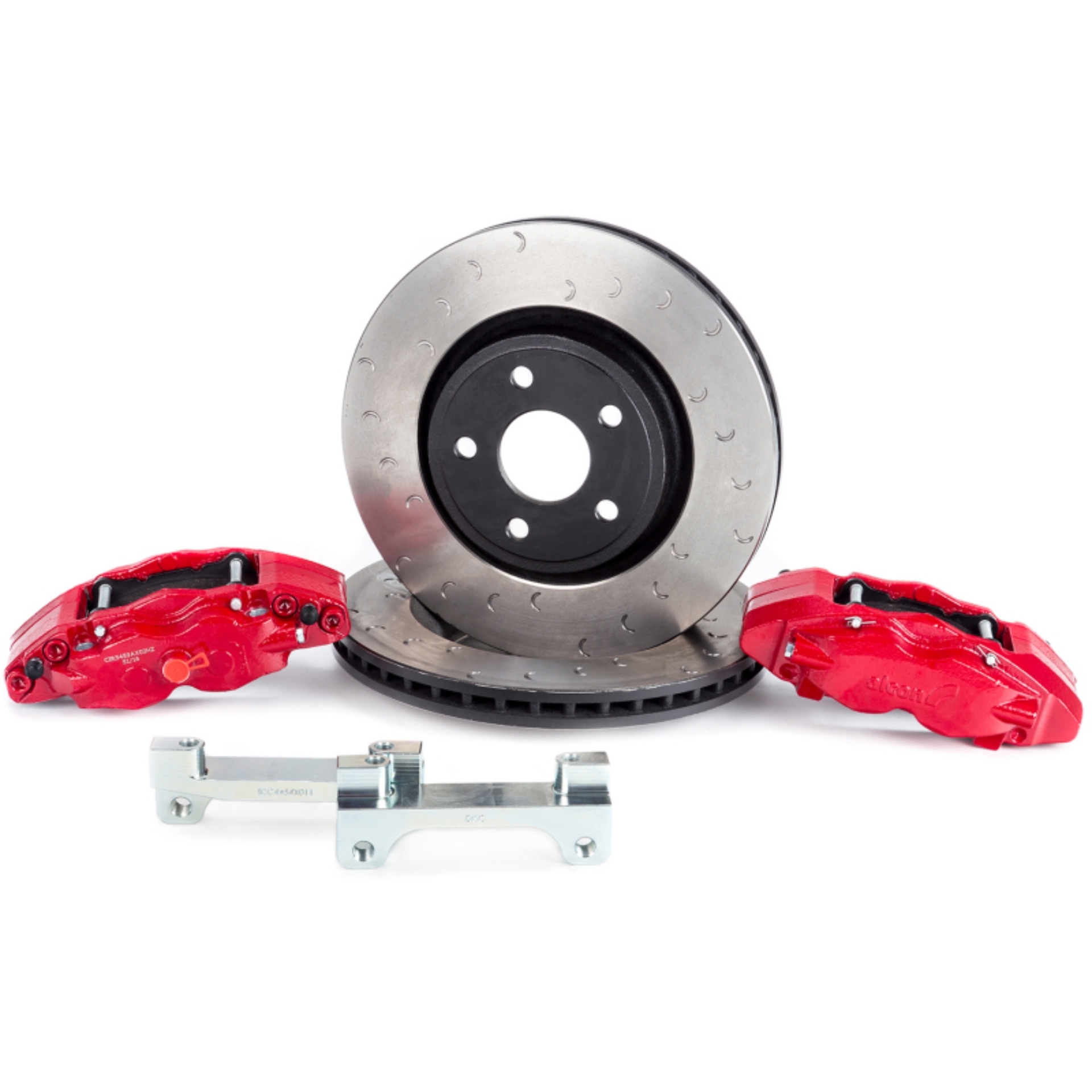 Picture of Alcon 2007+ Jeep JK w/ 5x5.5in Hub 357x32mm Rotor 4-Piston Red Calipers Front Brake Upgrade Kit
