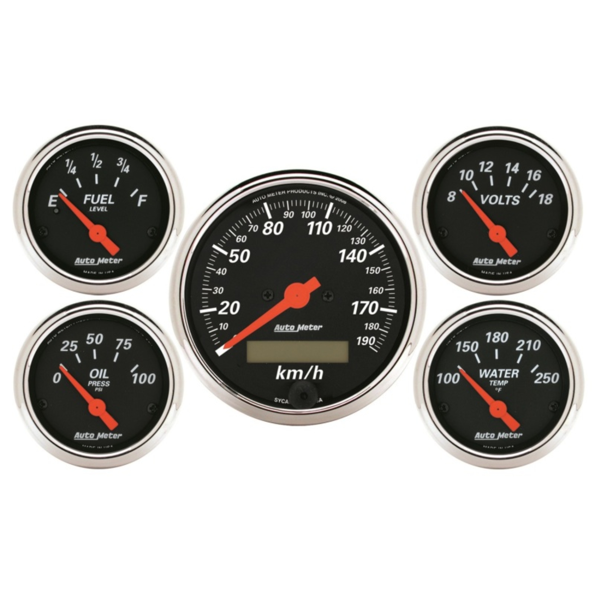 Picture of Autometer Designer Black 5 Pc Kit w/ Elec KMH Speedo, Oil Press, Water Temp, Volt, Fuel Level