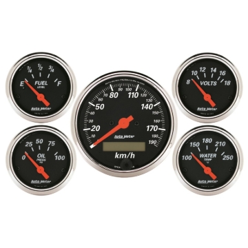Picture of Autometer Designer Black 5 Pc Kit w/ Elec KMH Speedo, Oil Press, Water Temp, Volt, Fuel Level