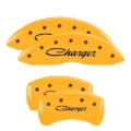Picture of MGP 4 Caliper Covers Engraved Front & Rear 05-10 Dodge Charger R/T Yellow Finish Black Cursive Logo