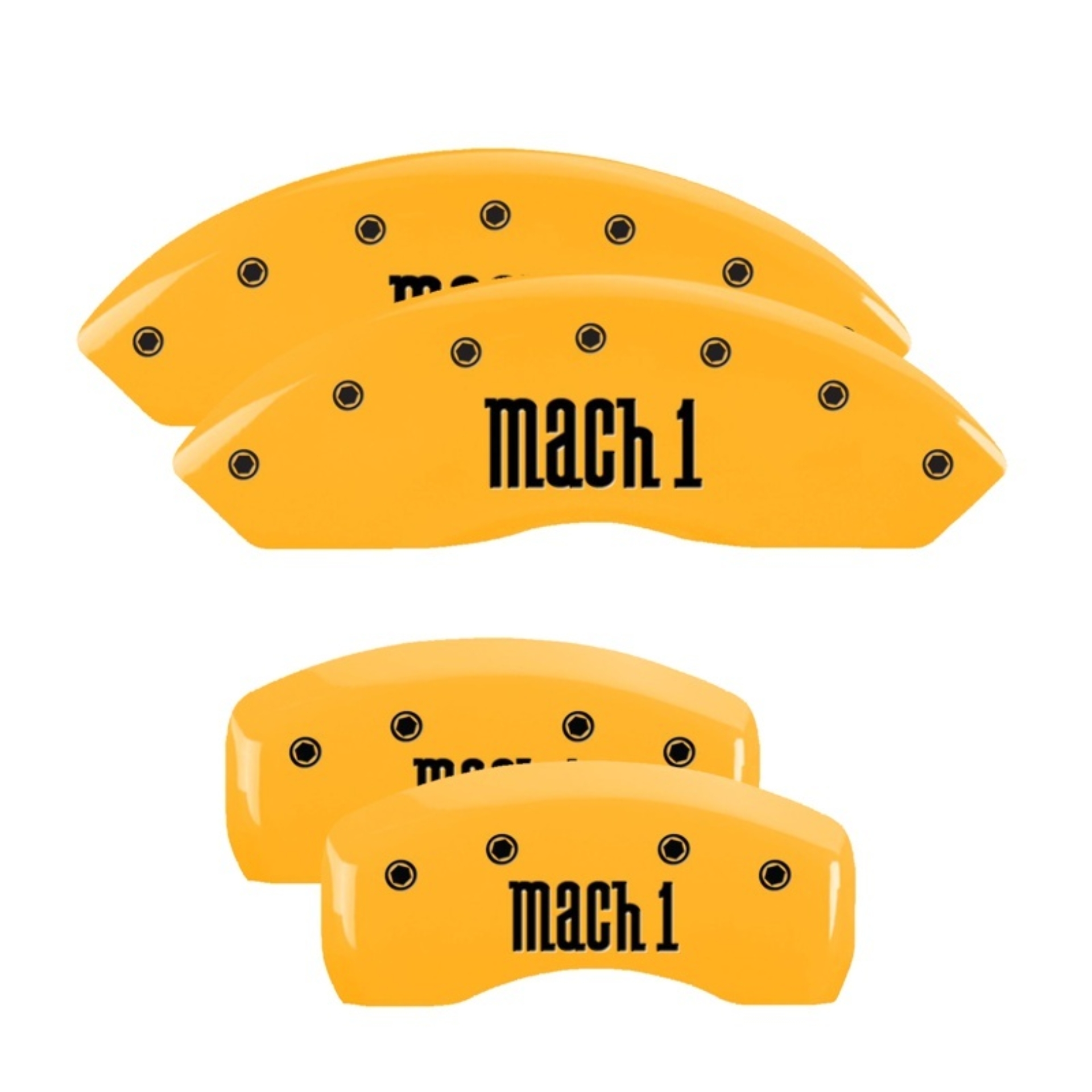 Picture of MGP 4 Caliper Covers Engraved Front & Rear Mach 1 Yellow Finish Black Char 2004 Ford Mustang