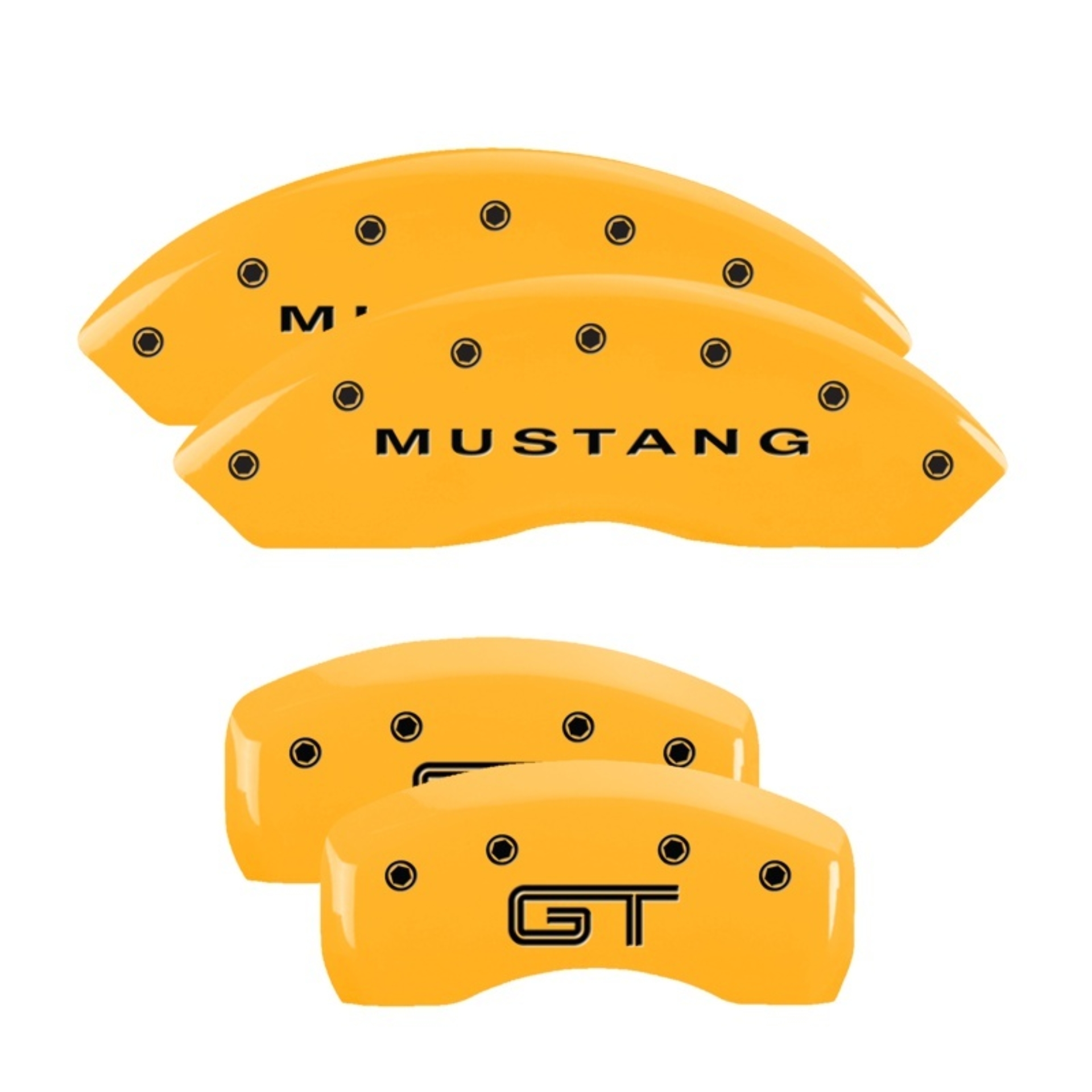 Picture of MGP 4 Caliper Covers Engraved Front Mustang Rear S197/GT Yellow Finish Black Char 2003 Ford Mustang
