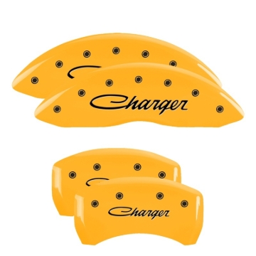 Picture of MGP 4 Caliper Covers Engraved F & R Cursive/Charger Yellow Finish Black Char 2006 Dodge Charger