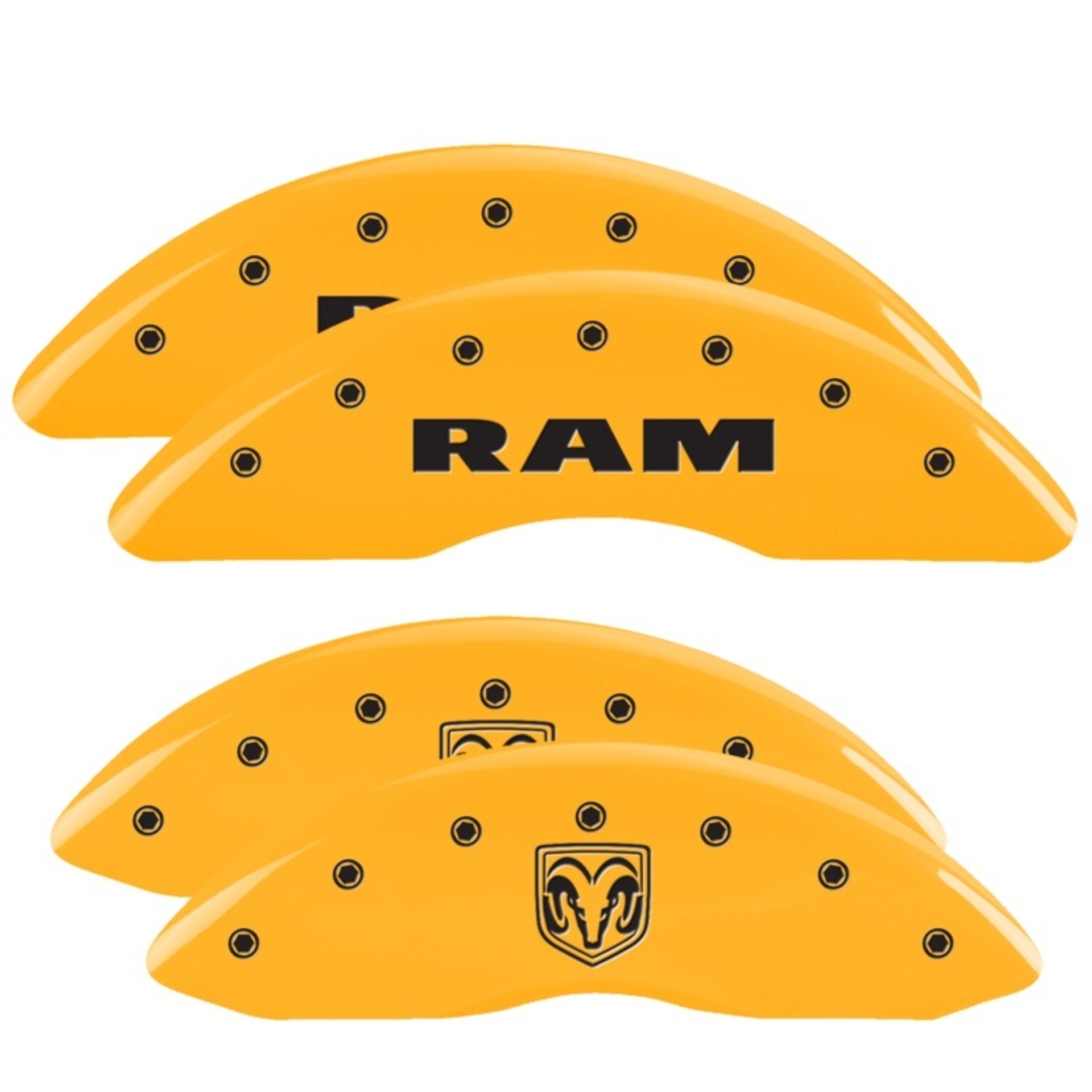Picture of MGP 4 Caliper Covers Engraved Front Ram Rear Ramhead Yellow Finish Black Char 2010 Dodge Ram 2500